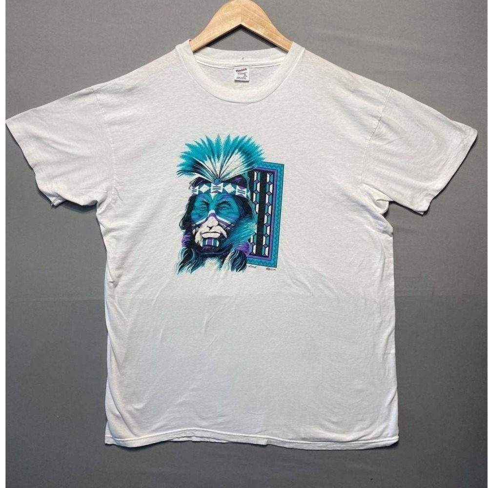 Hanes T Shirt Mens XL‎ White 1991 Land Native American Graphic Tee Vintage